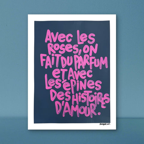 Avec les roses I Œuvre originale de L’oiseau noir 37x48cm