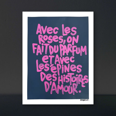 Avec les roses I Œuvre originale de L’oiseau noir 37x48cm