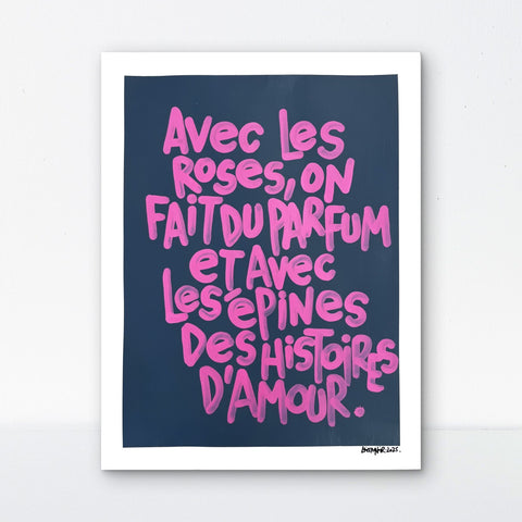 Avec les roses I Œuvre originale de L’oiseau noir 37x48cm