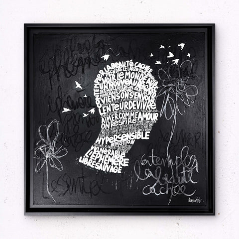 Contempler I Œuvre originale encadrée de L’oiseau noir 50x50