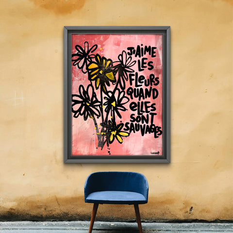 Fleurs sauvages I Œuvre originale sur toile et caisse américaine de L’oiseau noir 60x80