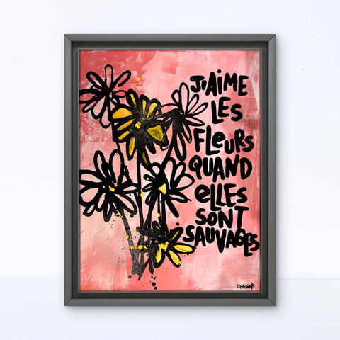 Fleurs sauvages I Œuvre originale sur toile et caisse américaine de L’oiseau noir 60x80