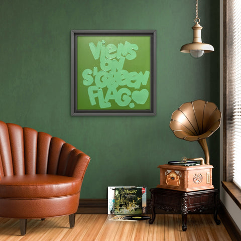 Green flag I Œuvre originale sur toile et caisse américaine de L’oiseau noir 50x50
