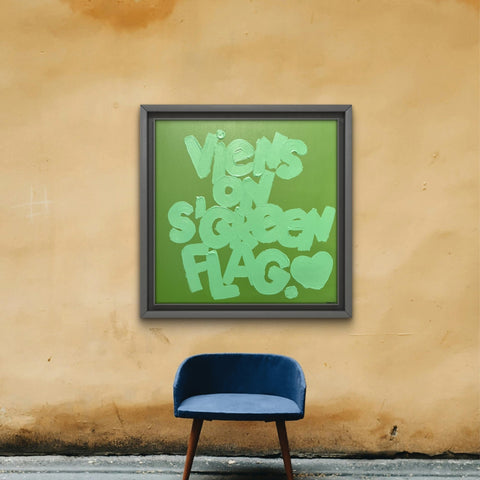 Green flag I Œuvre originale sur toile et caisse américaine de L’oiseau noir 50x50