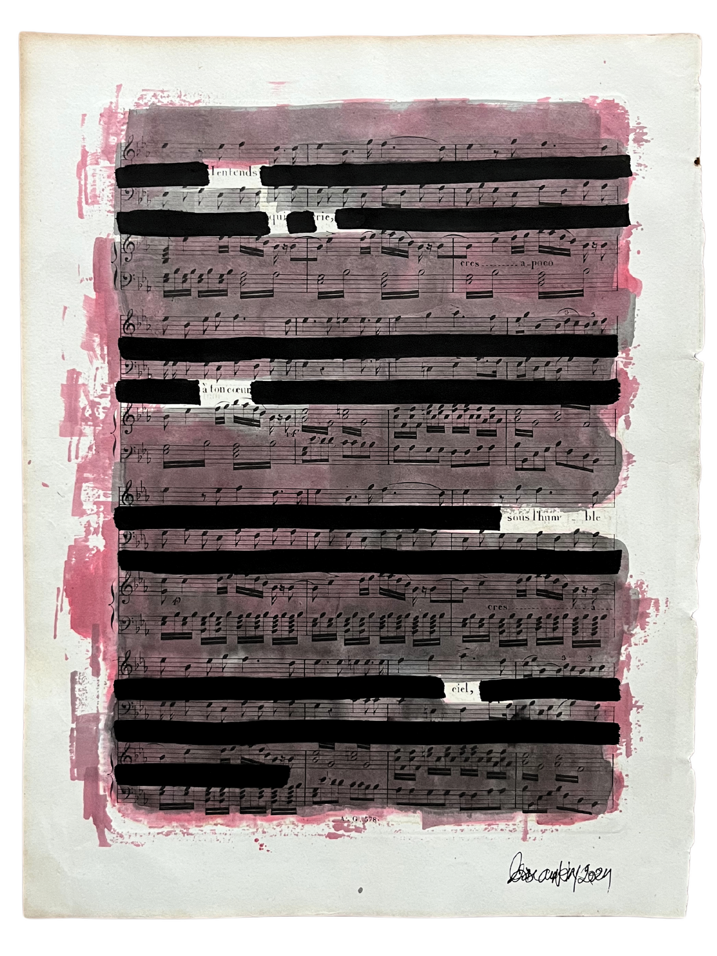 Affiche originale / poésie sur partition "J'entends qui crie à ton coeur sous l'humble ciel"