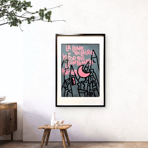 La lune éclaire le fou I Œuvre originale encadrée de L’oiseau noir 60x90