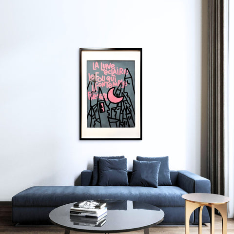 La lune éclaire le fou I Œuvre originale encadrée de L’oiseau noir 60x90