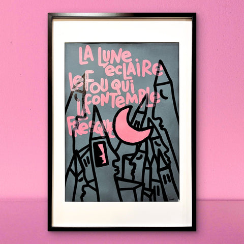 La lune éclaire le fou I Œuvre originale encadrée de L’oiseau noir 60x90