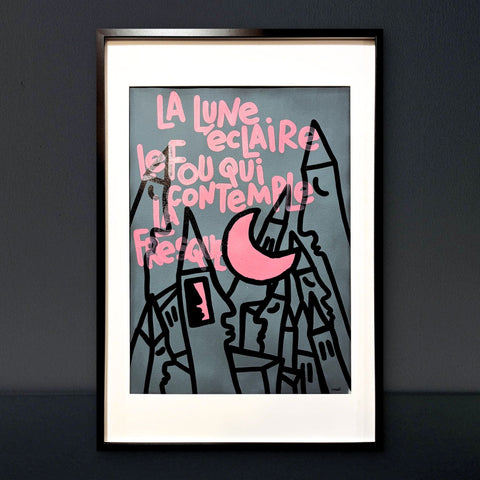 La lune éclaire le fou I Œuvre originale encadrée de L’oiseau noir 60x90