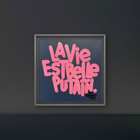 La vie est belle rose sur bleu I Œuvre originale sur toile de L’oiseau noir 30x30