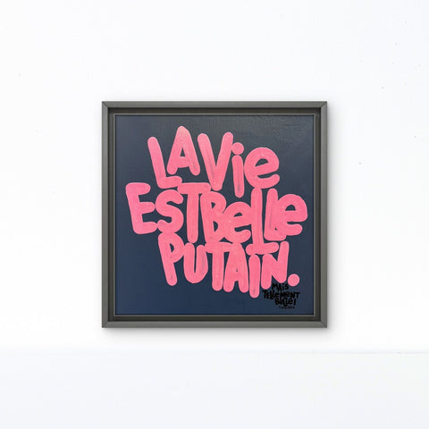 La vie est belle rose sur bleu I Œuvre originale sur toile de L’oiseau noir 30x30