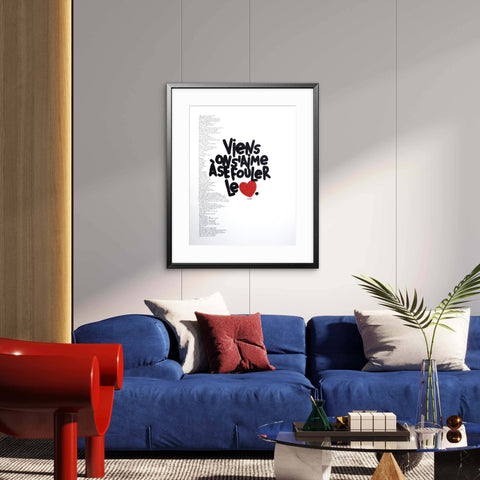 Viens on s'aime à se fouler le cœur I Œuvre originale encadrée de L’oiseau noir 46x61
